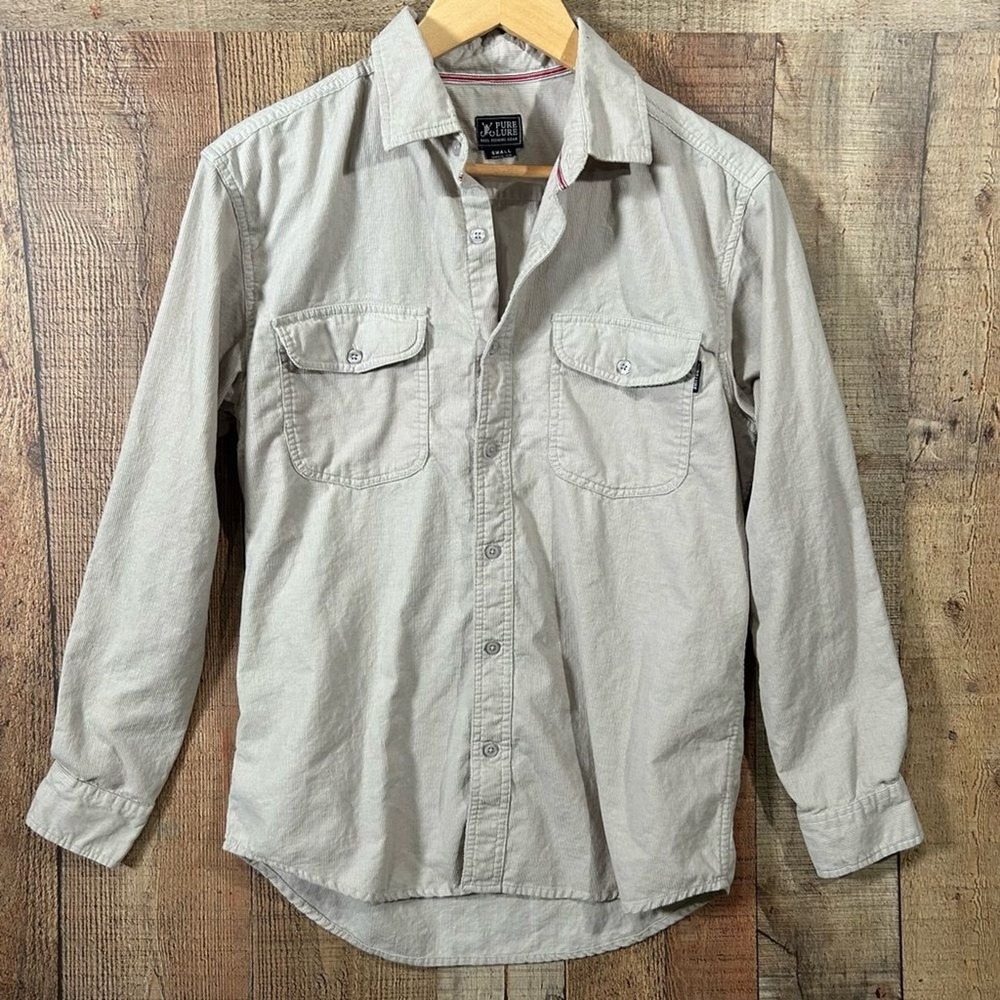 Pure Lure Reel Fishing Shirt Tan Cotton Button Up Long Sleeve Angler Outdoor S